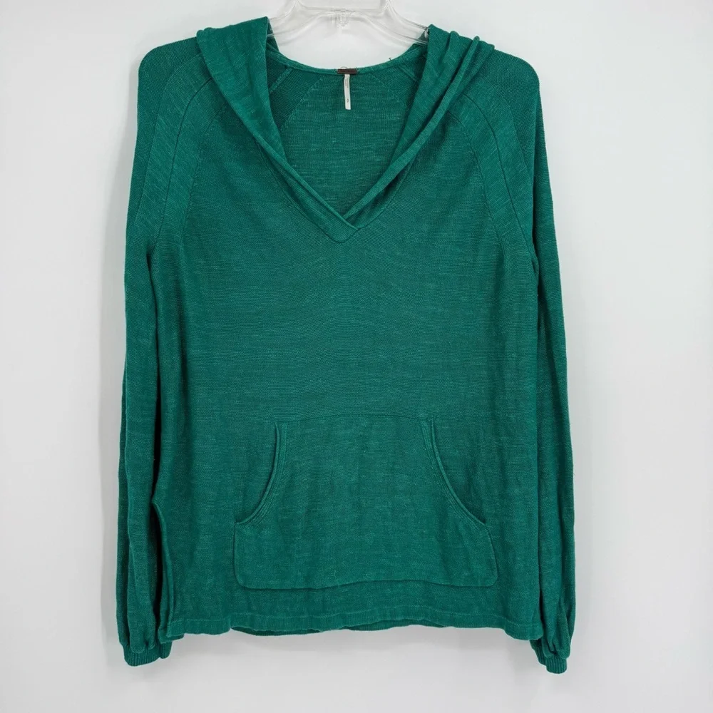Free People Optimistic Linen Blend Green Hoodie Sweater Size Small Long Sleeves